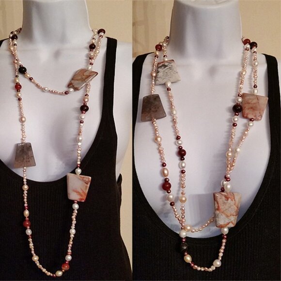 Long Freshwater Pearl Necklace With Chunky Stone/gemstones Beads Unique - Picture 2 of 6